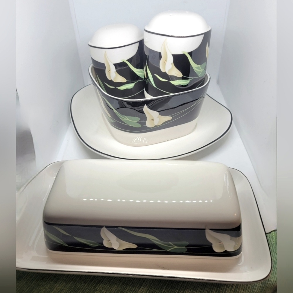 Sango Korea Black Lilies, kitchenwares, gravy boats, butter dish,salt pepper set